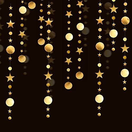 VIKSAUN 65pies Guirnalda Estrella de Papel Colgante, Guirnalda de Papel Redonda, Juego de guirnaldas doradas, Banderines Estrellas Reflectante Estrella de Papel para Decorar Cumpleaños (Oro）