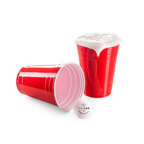 Vivaloo Vasos Reutilizables 50 vasos + 6 Pelotas - Vaso para fiestas, Ideal para jugar Beer Pong estilo película Americana, Resistentes, 473ml 16oz