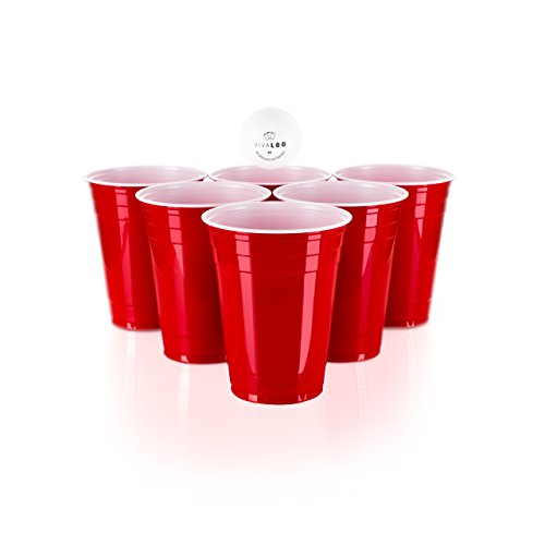 Vivaloo Vasos Reutilizables 50 vasos + 6 Pelotas - Vaso para fiestas, Ideal para jugar Beer Pong estilo película Americana, Resistentes, 473ml 16oz