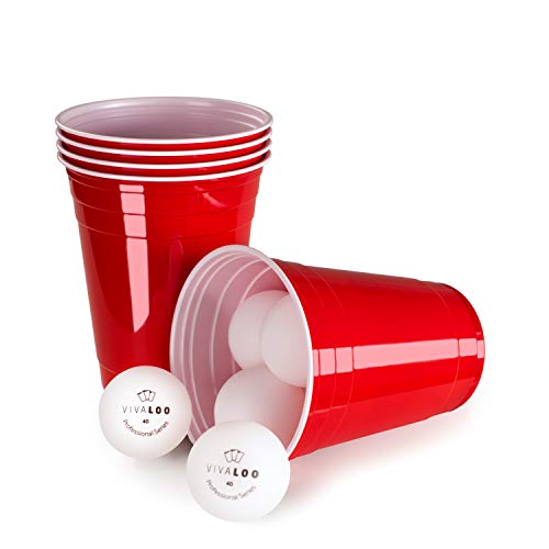 Vivaloo Vasos Reutilizables 50 vasos + 6 Pelotas - Vaso para fiestas, Ideal para jugar Beer Pong estilo película Americana, Resistentes, 473ml 16oz