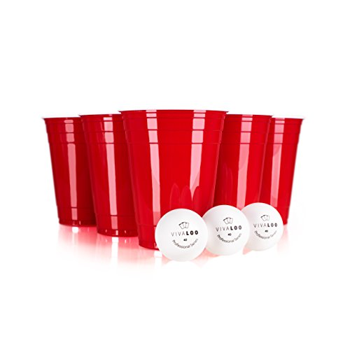 Vivaloo Vasos Reutilizables 50 vasos + 6 Pelotas - Vaso para fiestas, Ideal para jugar Beer Pong estilo película Americana, Resistentes, 473ml 16oz