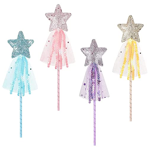 VOSSOT Varita mágica de princesas, 4 varitas mágicas de hadas con estrella brillante de cinco puntas y escala, estilo de cuento de hadas, adecuado para fiestas de Navidad y cosplay