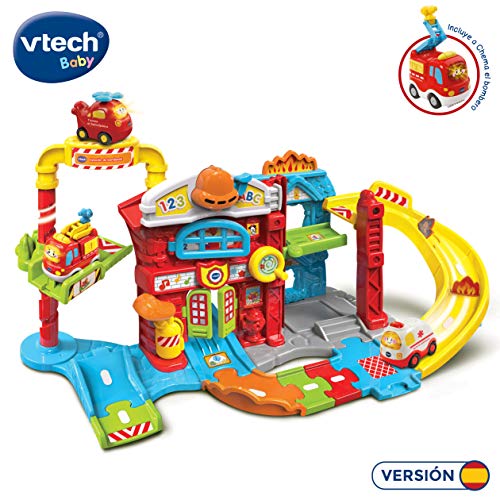 VTech- TutTut Tut Bólidos Estación de Bomberos + TutTut Bólidos Pack de 3 Coches con botón Sorpresa, Piero el camión de Bomberos, Víctor el Tractor y Mateo el helicóptero