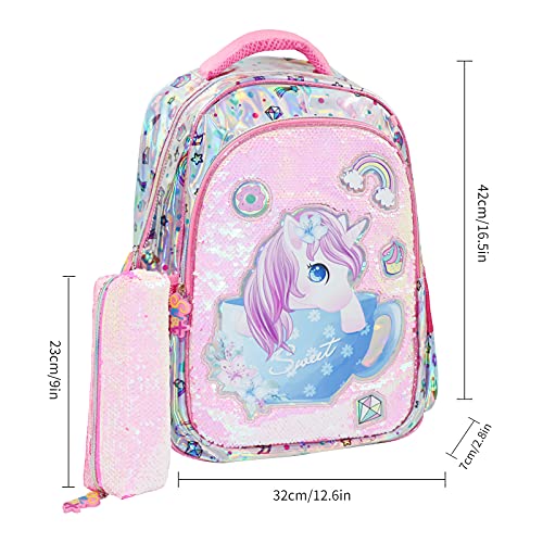 Wenlia Mochila escolar para niñas, mochila para estudiantes, con bolsa para el almuerzo, mochila de unicornio, con lentejuelas, reversible, para el día, para jóvenes, estudiantes y adolescentes