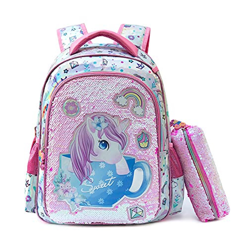 Wenlia Mochila escolar para niñas, mochila para estudiantes, con bolsa para el almuerzo, mochila de unicornio, con lentejuelas, reversible, para el día, para jóvenes, estudiantes y adolescentes