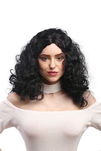 WIG ME UP- 3072-P103 Peluca señoras Carnaval, Super rizos voluminosos, Raya Medio, Negras 55 cm