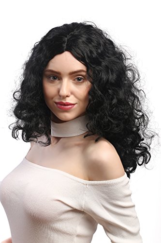 WIG ME UP- 3072-P103 Peluca señoras Carnaval, Super rizos voluminosos, Raya Medio, Negras 55 cm