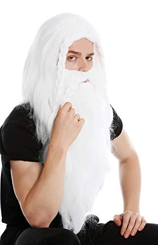 WIG ME UP- RJ033-P60 Peluca Larga Blanca y Barba Trenzada para Hombre Carnaval Vikingo bárbaro Enano Germano Viejo