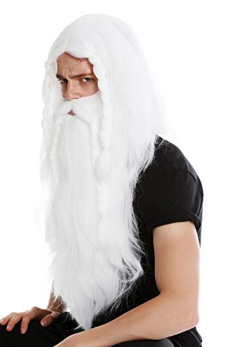 WIG ME UP- RJ033-P60 Peluca Larga Blanca y Barba Trenzada para Hombre Carnaval Vikingo bárbaro Enano Germano Viejo