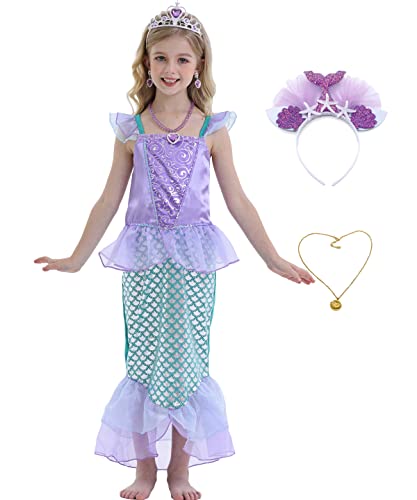 WonderBabe Vestido de sirena para niñas pequeñas y niños, vestidos de disfraces de Halloween, Navidad, cosplay, traje de cumpleaños con accesorios, Verde+09&27, 7-8 Años