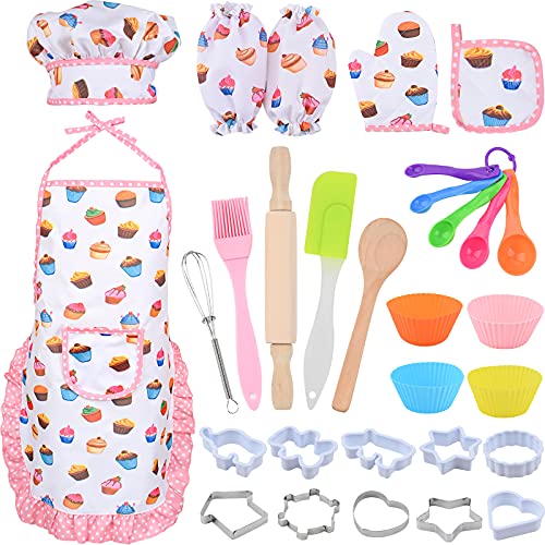 WuikerDuo Juego de Chef para niños,Vestido de Cocina para niños y Accesorios de Cocina,Lindo Juego de Cocina y horneado para niños Incluye Delantal,Gorro de Chef, manopla y utensilio