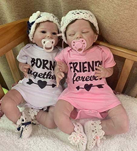 WYZQ Pinky Reborn Baby Dolls Twin 22"55 Cm Suave de Cuerpo Completo Realista Bebés Reborn Niñas Recién Nacido Muñeca Niño y niña durmiendo Gemelos, Muñecas magnéticas para nutrir l