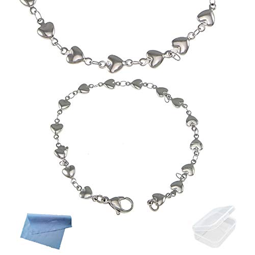 XHBTS Cadena de Eslabones Delicados de Acero Inoxidable Plateado Joyas Delicadas Juego de Collar y Pulsera de Corazón de Amor para Mujeres y Niñas con mini Paño y mini Caja