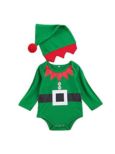 XIXIMAON Bebé Conjunto de Navidad para Recién Nacido 2 Piezas Traje Navideño de Niño Pequeño 0-1 Año Top Mameluco de Manga Larga con Botones + Gorro (0-3 Meses, B)