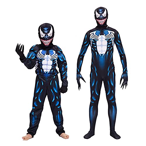 XNheadPS Venom Muscle Costume Niños Adultos Body 3D Anime Spiderman Suit Medias Stage Performance Jumpsuit Disfraz Carnaval de Halloween Disfraz,Black- Kid L 130~140cm