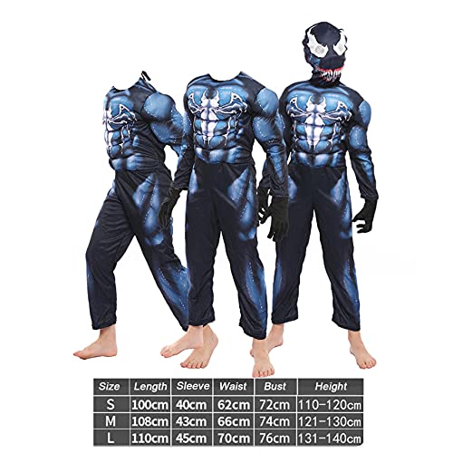 XNheadPS Venom Muscle Costume Niños Adultos Body 3D Anime Spiderman Suit Medias Stage Performance Jumpsuit Disfraz Carnaval de Halloween Disfraz,Black- Kid L 130~140cm