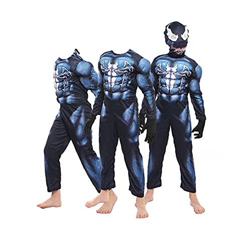 XNheadPS Venom Muscle Costume Niños Adultos Body 3D Anime Spiderman Suit Medias Stage Performance Jumpsuit Disfraz Carnaval de Halloween Disfraz,Black- Kid L 130~140cm