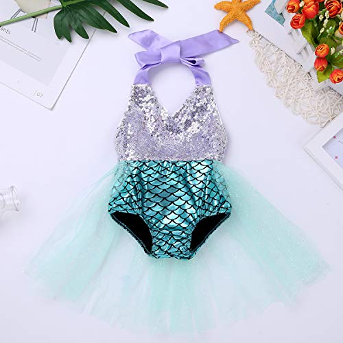 YEAHDOR Traje de Baño Una Pieza Disfraz Sirenita para Bebés Niñas Bañador Sirena Bebés Body Vestido Fiesta Cumpleaños Traje Disfraces Halloween Navidad Plataeado y Azul 0-3 Meses