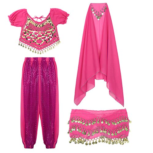 YOOJIA Mujer Traje de Danza del Vientre 4Pcs Crop Top/Pantalones Largos/Tocado/Bufunda Traje Baile Oriental Conjunto de Baile India Disfraz Fiesta Talla Única Rosa Oscuro Talla Única