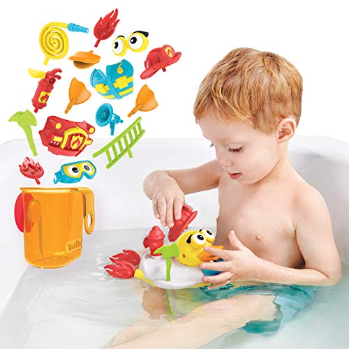 Yookidoo Jet Duck Bombero Juguete de baño con Bomba de Agua Potable – Desarrollo sensorial y diversión de baño para niños – Juguete de baño con Pilas con 15 Piezas – Edad 2+