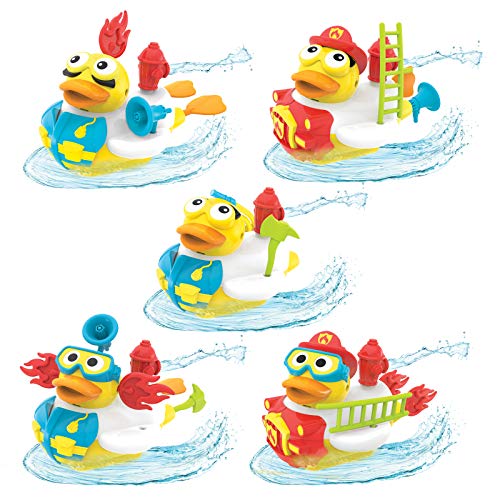 Yookidoo Jet Duck Bombero Juguete de baño con Bomba de Agua Potable – Desarrollo sensorial y diversión de baño para niños – Juguete de baño con Pilas con 15 Piezas – Edad 2+