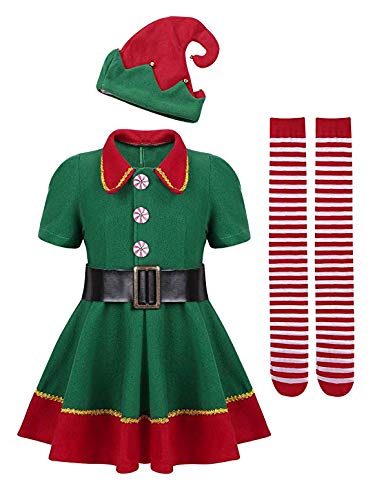 YOSICIL Niñas Niños Disfraz de Navidad Conjunto Disfraz Elfo Pantalones+Gorra+Calcetines Duende Costume Elfo Traje Navideño para Adultos 2-16 Años