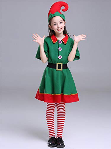 YOSICIL Niñas Niños Disfraz de Navidad Conjunto Disfraz Elfo Pantalones+Gorra+Calcetines Duende Costume Elfo Traje Navideño para Adultos 2-16 Años