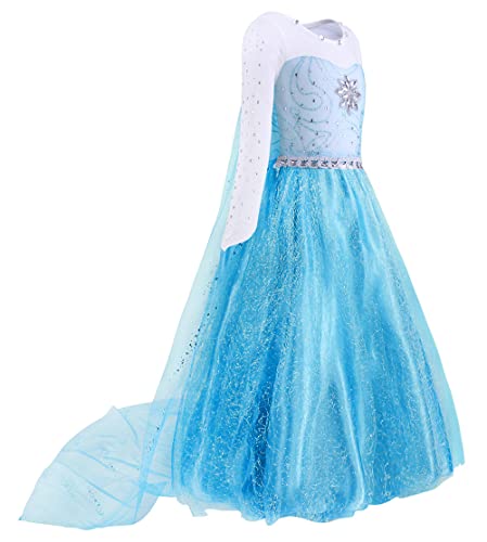 YOSICIL Vestido Elsa Frozen Disfraces Princesa Elsa Niña Manga Larga con Capa Tul Translúcido Vestido de Fiesta Brillante Carnaval Cosplay Fiesta Boda Partido, Azul 100