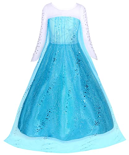 YOSICIL Vestido Elsa Frozen Disfraces Princesa Elsa Niña Manga Larga con Capa Tul Translúcido Vestido de Fiesta Brillante Carnaval Cosplay Fiesta Boda Partido, Azul 100