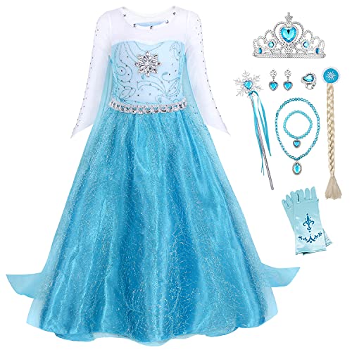 YOSICIL Vestido Elsa Frozen Disfraces Princesa Elsa Niña Manga Larga con Capa Tul Translúcido Vestido de Fiesta Brillante Carnaval Cosplay Fiesta Boda Partido, Azul 100