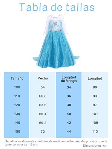 YOSICIL Vestido Elsa Frozen Disfraces Princesa Elsa Niña Manga Larga con Capa Tul Translúcido Vestido de Fiesta Brillante Carnaval Cosplay Fiesta Boda Partido, Azul 100