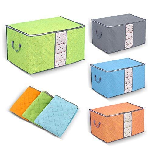 Yosoo 3 piezas azul verde gris carbón de bambú grande durable plegable ropa colcha almohada manta almacenamiento almacenamiento bolsa contenedor organizador caja contenedor organizador (azul + verde + gris)