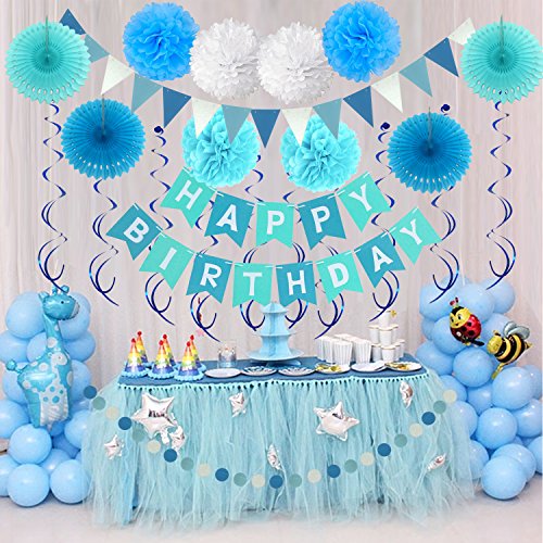 Zerodeco cumpleaños Decoraciones, Pancartas de Banderines de Happy Birthday Incluyendo Banner, Papel de Tejido Pom Pom Ball linternas, Flores, Cintas, Globos