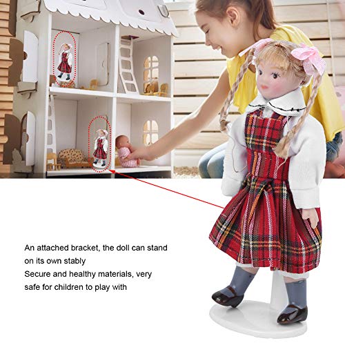 Zerodis 1:12 Modelo de muñeca de Porcelana de simulación Trenza Larga Vestido Rojo Chica Mini Juguete Modelo de muñeca Accesorios de casa de muñecas Juego de rol Regalo para niños y niñas(Muñeca)