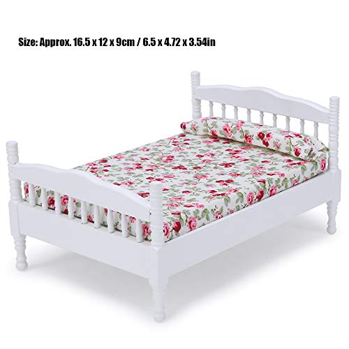 Zerodis Cama de Dormitorio de casa de muñecas, 1:12, Muebles en Miniatura de simulación, Juguete de Cama Doble de Madera para Accesorios de decoración de Escena de casa de muñecas(Blanco)