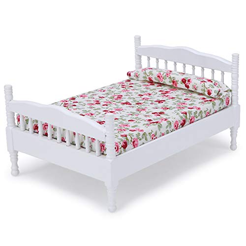 Zerodis Cama de Dormitorio de casa de muñecas, 1:12, Muebles en Miniatura de simulación, Juguete de Cama Doble de Madera para Accesorios de decoración de Escena de casa de muñecas(Blanco)