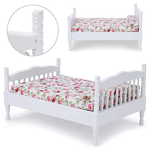 Zerodis Cama de Dormitorio de casa de muñecas, 1:12, Muebles en Miniatura de simulación, Juguete de Cama Doble de Madera para Accesorios de decoración de Escena de casa de muñecas(Blanco)