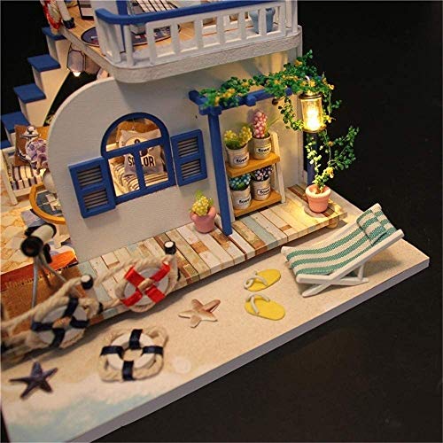 Zhangl DIY mini Dollhouse muebles del bebé Kit de madera, Costa de la Luz azul hecha a mano Refugio Cabaña Pequeña Casa protector contra el polvo y la caja de música, regalos creativos Montaje casa de