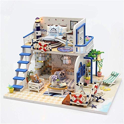 Zhangl DIY mini Dollhouse muebles del bebé Kit de madera, Costa de la Luz azul hecha a mano Refugio Cabaña Pequeña Casa protector contra el polvo y la caja de música, regalos creativos Montaje casa de