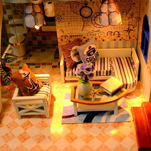 Zhangl DIY mini Dollhouse muebles del bebé Kit de madera, Costa de la Luz azul hecha a mano Refugio Cabaña Pequeña Casa protector contra el polvo y la caja de música, regalos creativos Montaje casa de