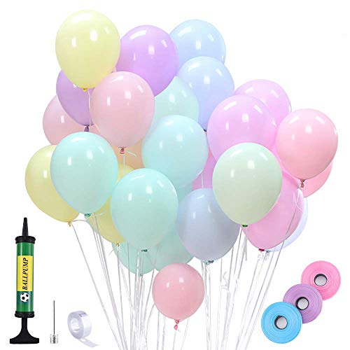 100pcs Macaron Globos(10 Inches) Globos Pastel de Latex + 1 x Cinta de Tira Decorativa de Columna de Arco(5M) + 3 x Cinta de Raso, Rollo de Raso Satén de Seda Decoración + 1 x Bomba de Globo