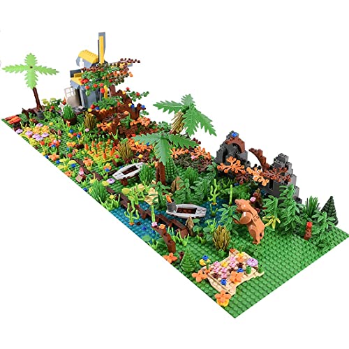 1018 piezas de exuberante escena de selva tropical con accesorios ricos, juguete de construcción de aventuras creativas en la jungla con animales, plantas, flores y placas base, compatible con Lego