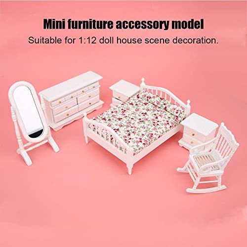 1:12 Accesorios para Muebles de casa de muñecas Mini Muebles Cama Doble Espejo Largo Mesita de Noche Silla Gabinete Juegos de imaginación para Dollhouse Accesorios de Dormitorio(6pcs / Set)