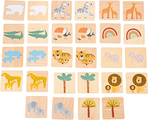 11696 Memo Safari, small foot, Madera con Motivos Animales en Colores de Moda, con 28 memócratas, a Partir de 3 años.