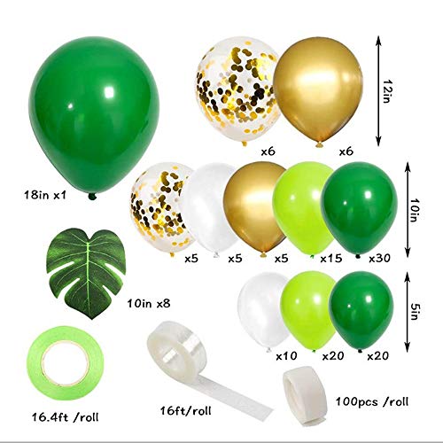 134 piezas Safari Jungle Balloon Garland Arch Kit Globos de látex blancos, verdes y dorados, globos metálicos dorados con hojas de palma para niños, niños, baby shower, cumpleaños, fiesta salvaje, dec