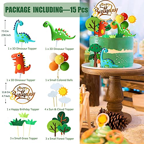 15 piezas de Dinosaurio Decoración de Tarta, 3D Dinosaurio Decoración de Tarta de Selva, Decoración de Magdalenas para Niños, Fiestas, Cumpleaños, Baby Shower