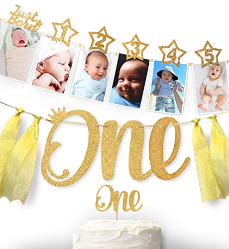 1er cumpleaños decoraciones de purpurina – Cartel de foto de hito mensual para recién nacido a 12 meses Guirnalda de 1 año de celebración con estrellas numeradas de 1 a 12 meses