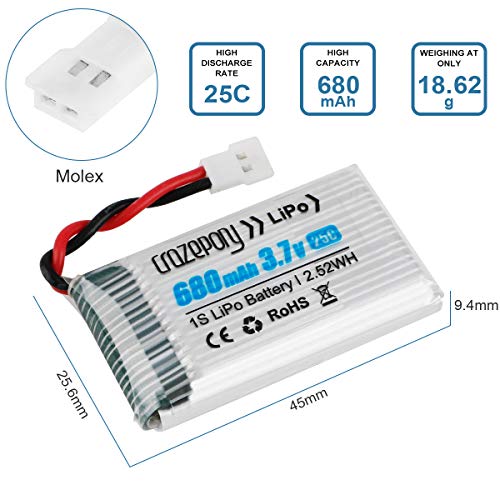 1S 3.7V Lipo 680mAh Drone Batería para Syma X5 X5C X5C-1 X5SW X5SW-V3 UDI UFO 3000 SNAPTAIN S5C FQ36 MJX X708 X708W Force1 U45 U45W T5W JJRC H42 SS40 GoolRC T32 RC Quadcopter Drone + 4 EN 1 Cargador