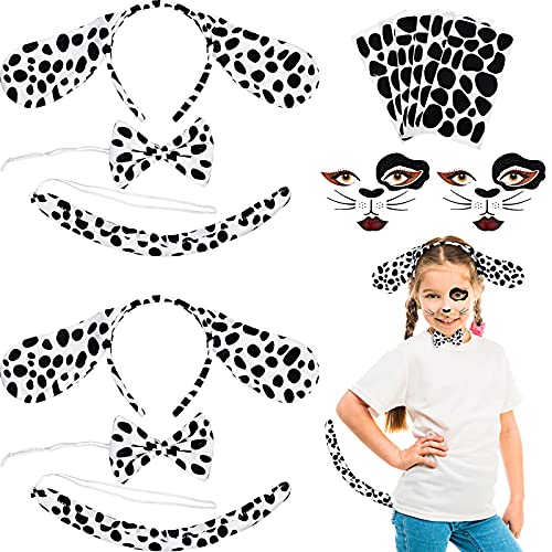 2 Sets de Accesorios de Disfraces de Dálmatas Set de Diadema de Orejas, Pajarita, Cola de Perrito con 2 Pegatinas de Cara Dálmata, 6 Hojas Almohadillas de Fieltro Adhesiva Negras Halloween