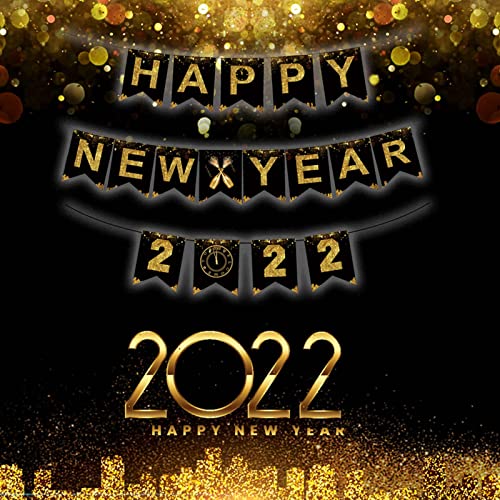 2022 Feliz Año Nuevo Glitter Gold Black Banner Sign Telón de Fondo Decoraciones Colgantes para Navidad Año Nuevo Festival de Primavera Suministros para Fiestas